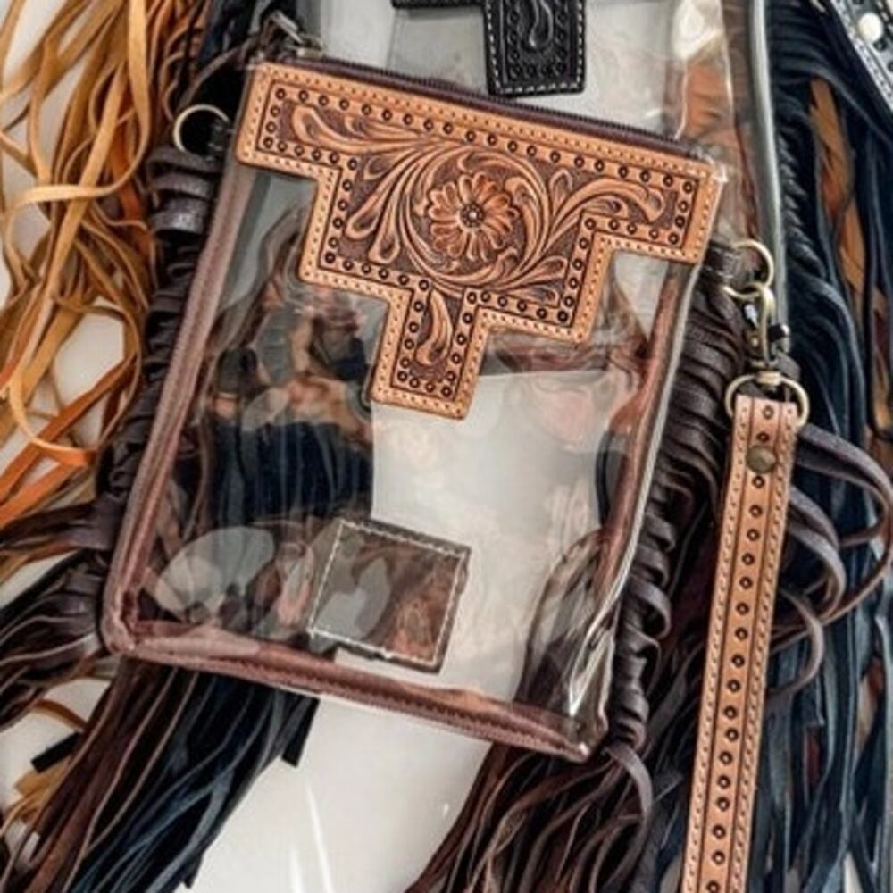 Shayne Small Hand Tooled Fringe Clear Crossbody Concert Stadium Bag Brown